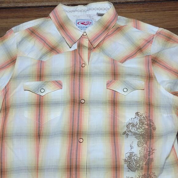 Roper LS Pearl Snap Brown & Yellow Retro Classic Western Shirt - Size Large - Picture 2 of 6